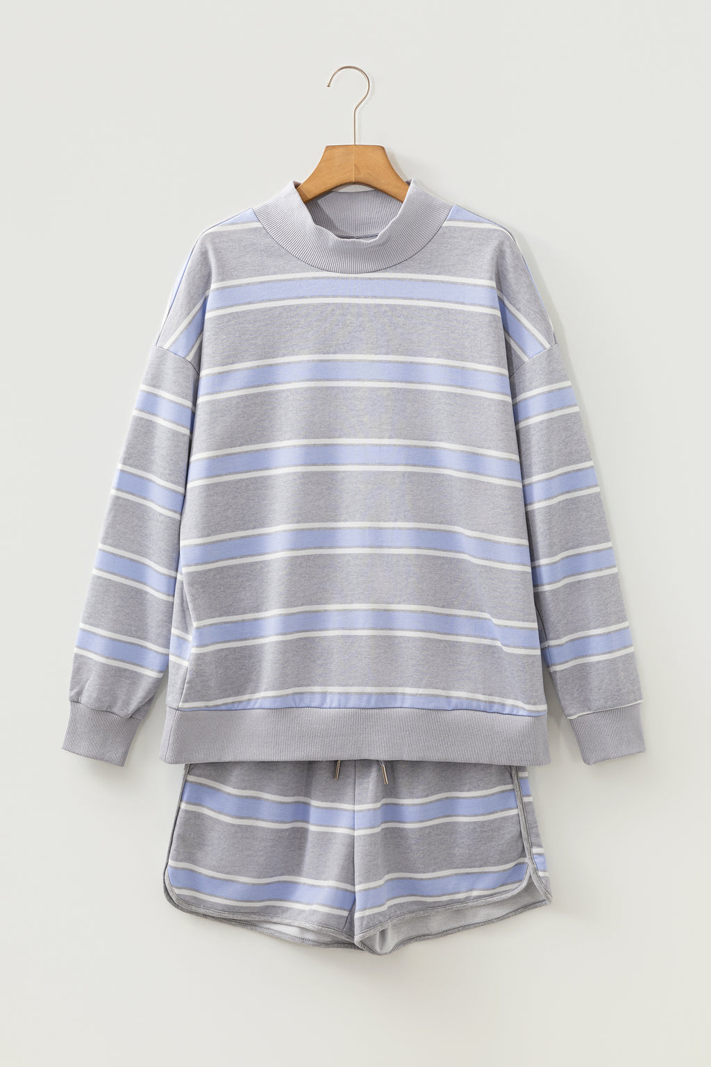 Sky Blue Stripe Exposed Seam Patchwork High Neck Long Sleeve Top and Shorts Set