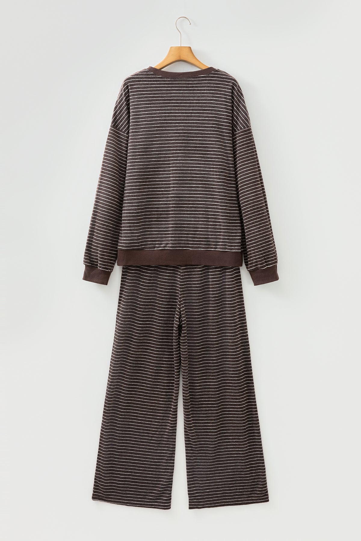 Black Stripe Cozy Terry Knit Long Sleeve Pullover Pocketed Shift Pants 2pcs Sets