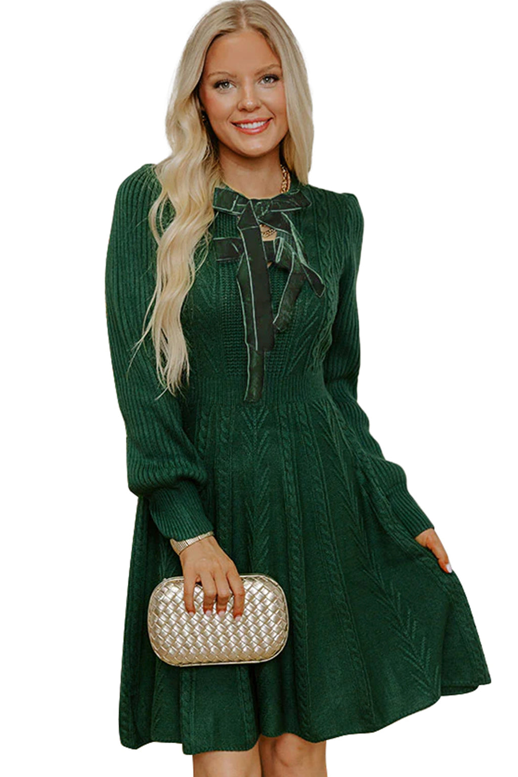 Blackish Green Ribbed Cable Knit Ribbon Knot Sweater Mini Dress