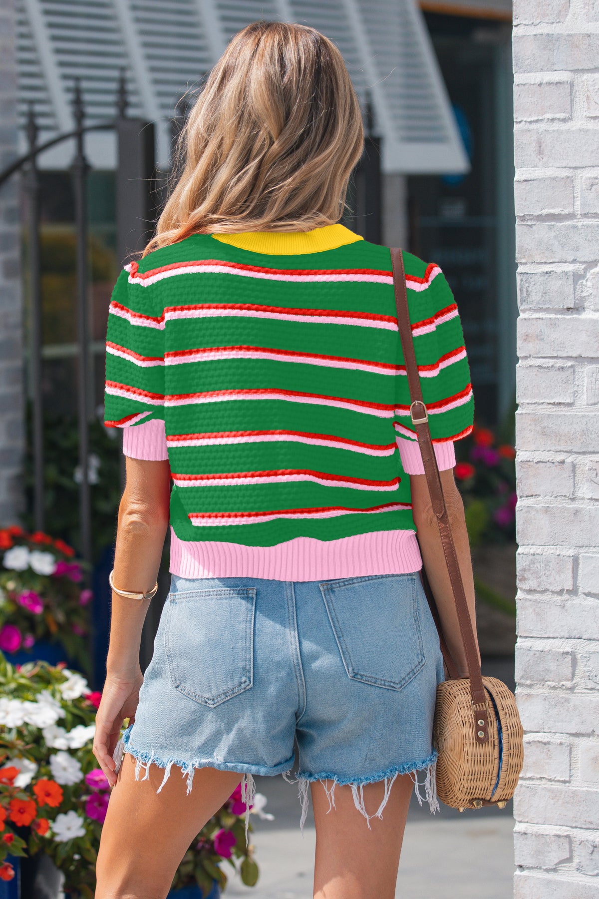 Sky Blue Stripe Colorblock Trim Half Sleeve Sweater Top