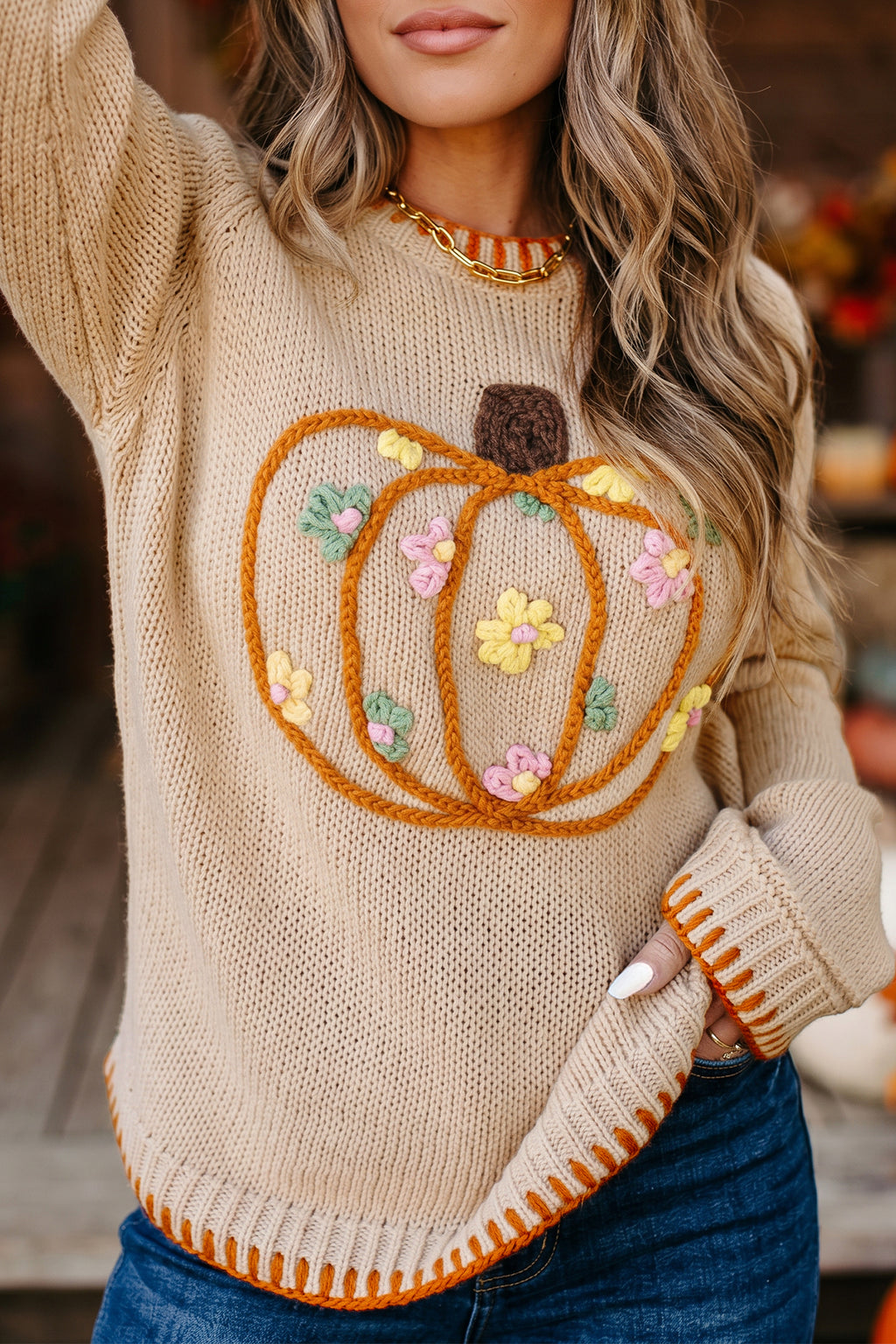 Parchment Floral Embroidery Pumpkin Long Sleeve Round Neck Sweater