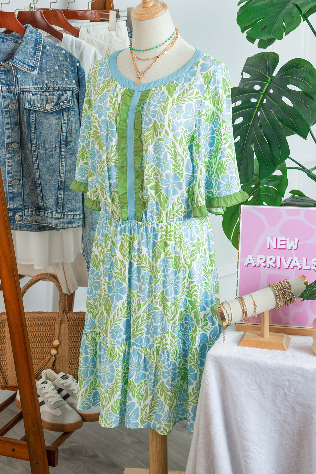 Sky Blue Floral Print High Waist Ruffle Short Sleeve Mini Dress