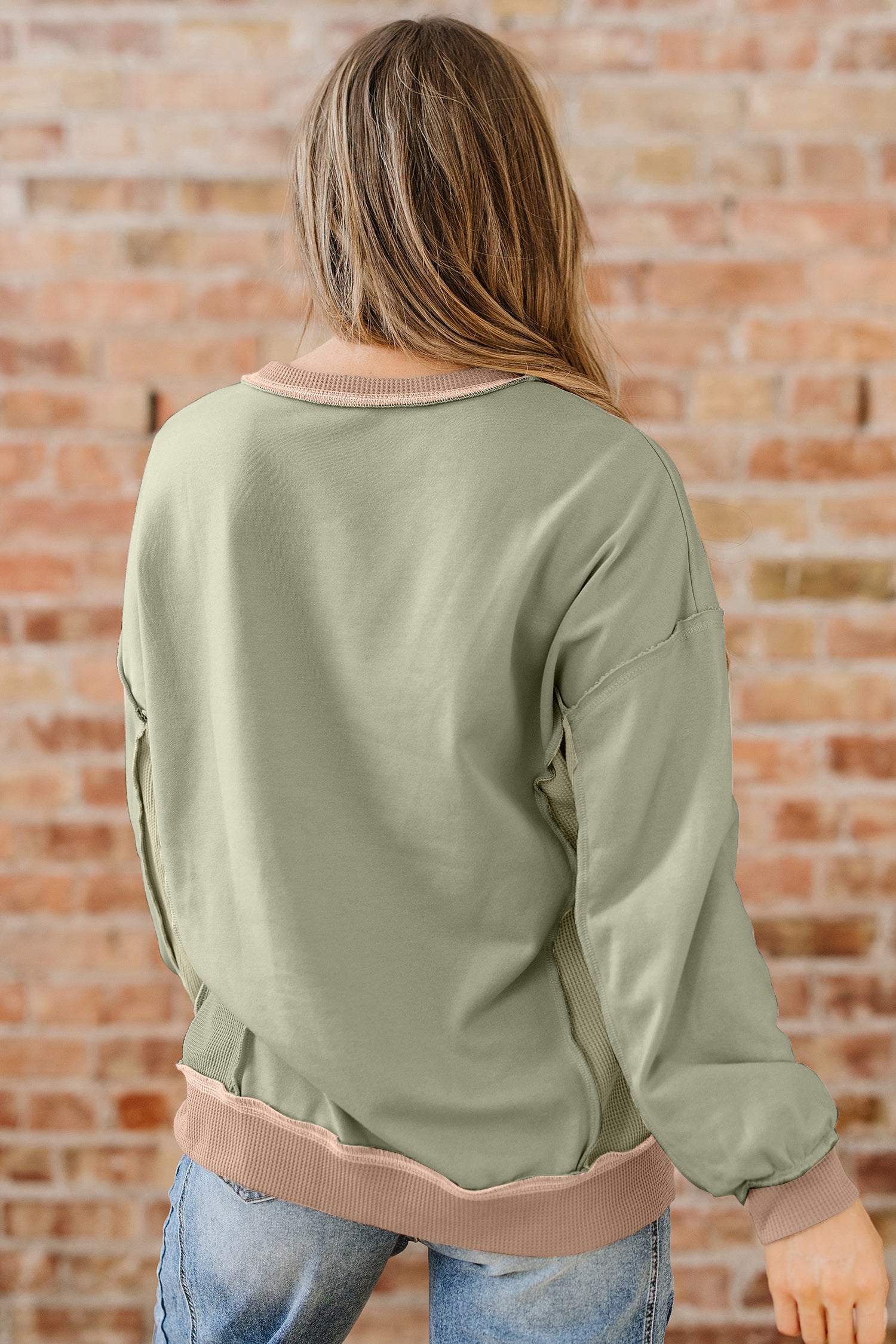 Smoke Green Waffled Color Block St Patricks Day Clover Patched Baggy Sweatshirt