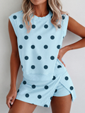 Sky Blue Ribbed Trim Polka Dot Print Tank Split Mini Skort 2pcs Set
