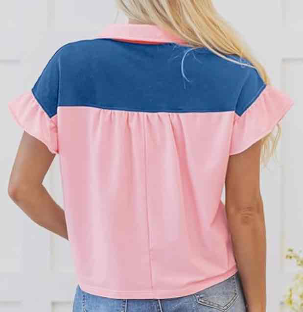 Gossamer Pink Color Block Half Button Ruffled Short Sleeve T Shirt