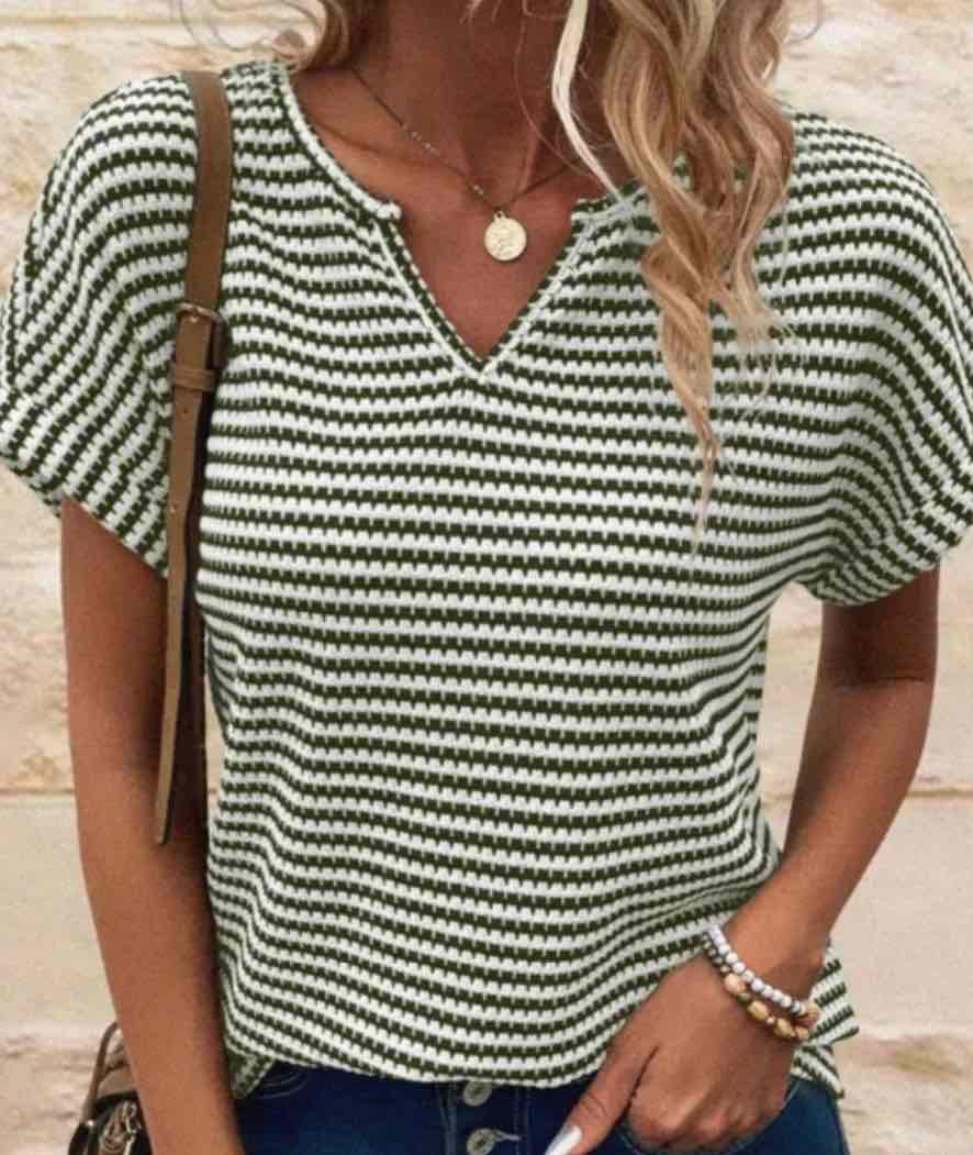 Green Striped Textured Knit Notched Neck Cuffed Short Sleeve Top