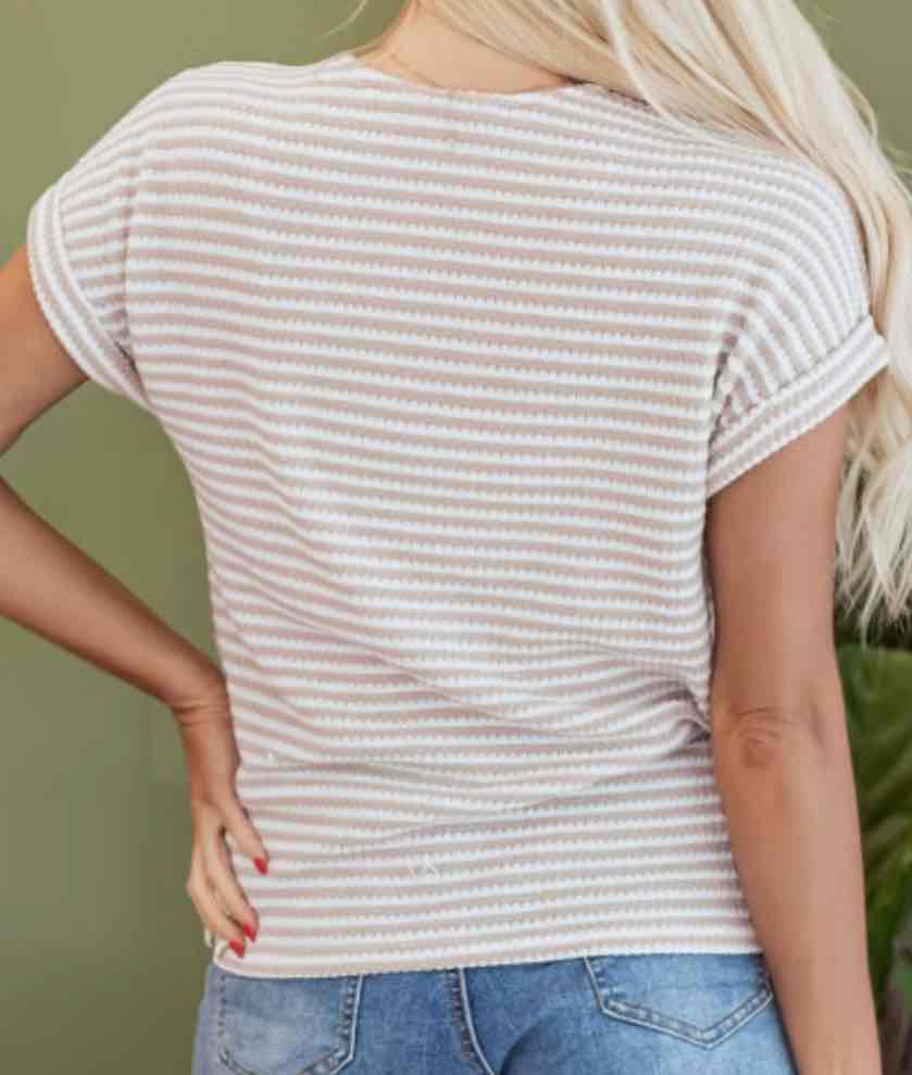 Khaki Stripe Buttoned Front V Neck Knitted T Shirt