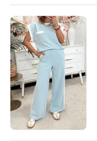 Mist Blue Contrast Trim Round Neck Pocketed Boxy Tank Top Wide Leg Pant Set - (coming Soon)