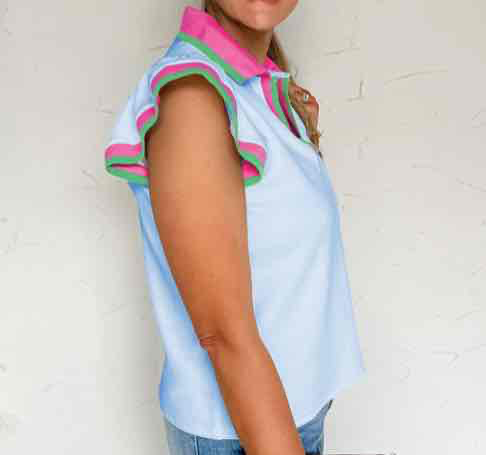 Beau Blue Color Contrast Ruffled Sleeve Collared V Neck Blouse