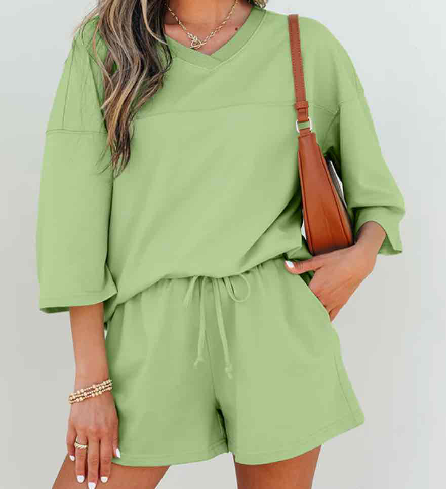 Meadow Mist Green Solid Loose V Neck Half Sleeve Tee and Shorts
