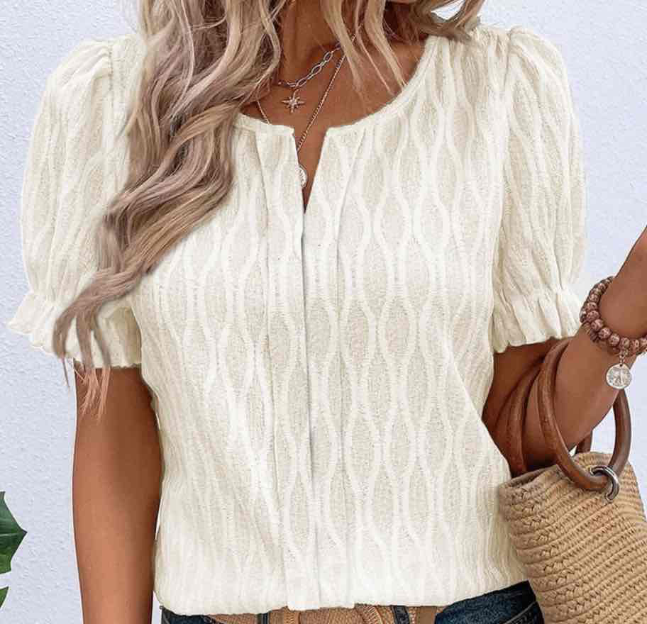 White Solid Color Textured Notched Neck Puff Sleeve Blouse