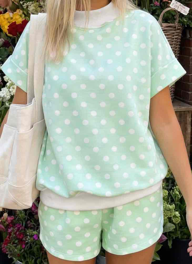 Green Polka Dot Print Color Block Trim Mock Neck Short Set - (coming soon)