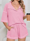 Pink Breathable Waffle Color Clock Trim 2pcs Casual Short Set - (coming soon)