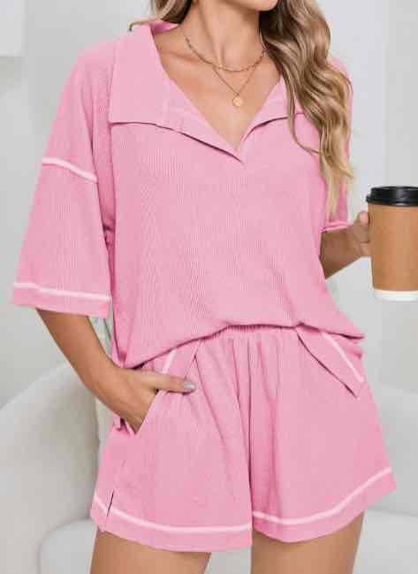 Pink Breathable Waffle Color Clock Trim 2pcs Casual Short Set - (coming soon)