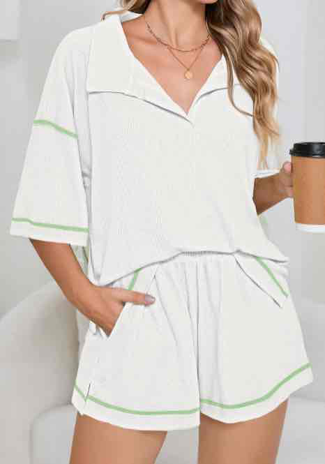 White Breathable Waffle Color Clock Trim 2pcs Casual Short Set -(coming soon)