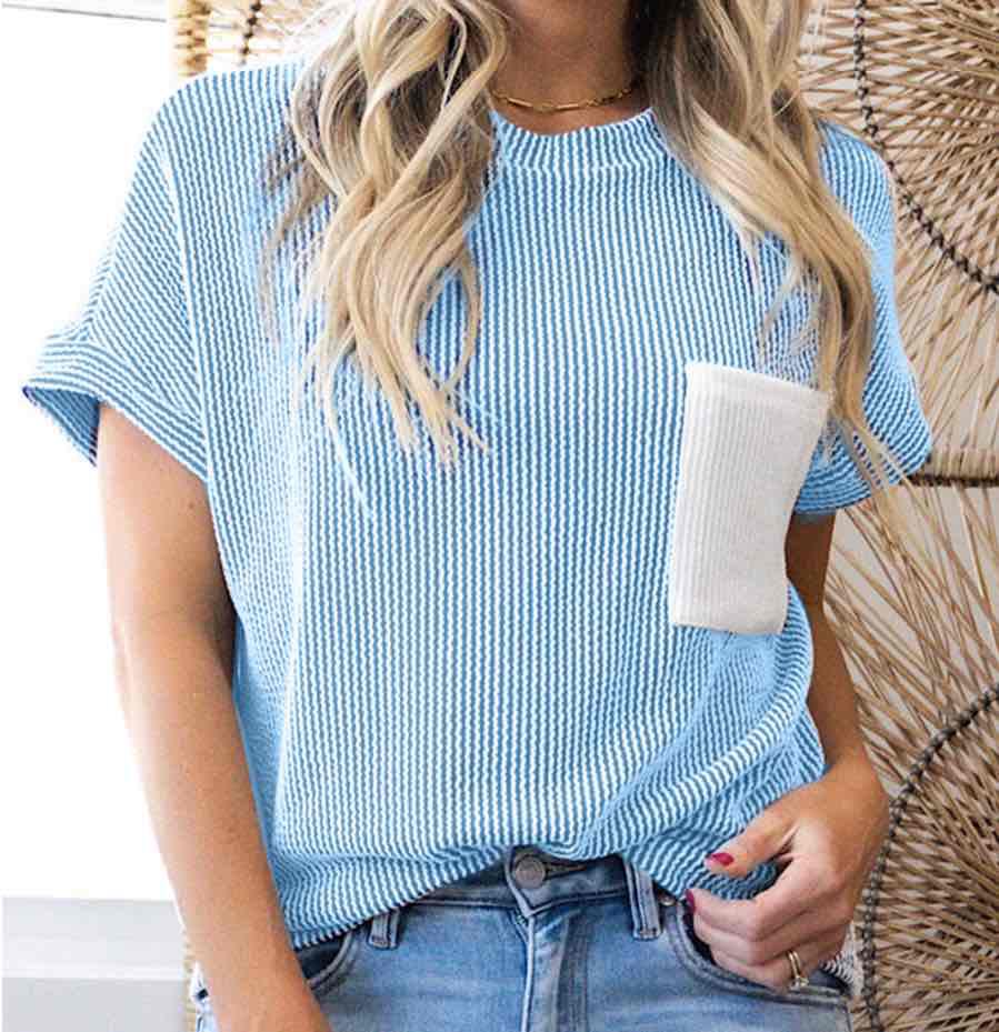 Blue Corded Knit Color Block Pocketed Crew Neck T Shirt