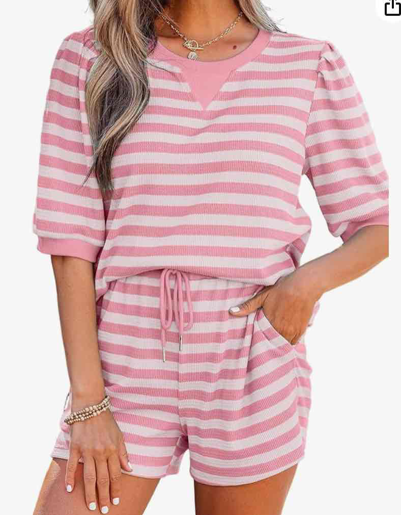 Pink Stripe Puff Short Sleeve T Shirt Matching Shorts Set - (coming soon)