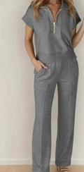 Gray Half Zip Polo Tee Casual Pant Set