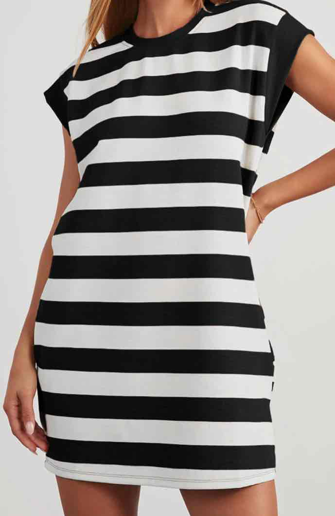 Black Stripe Cap Sleeve Shift T Shirt Dress - (Coming Soon)
