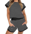 Striped Short Sleeve Top & Shorts Lounge Set | Black - (coming soon)