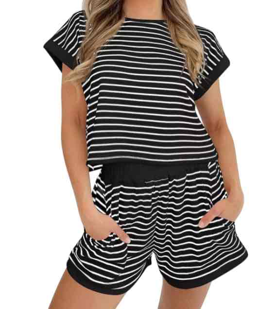 Striped Short Sleeve Top & Shorts Lounge Set | Black - (coming soon)