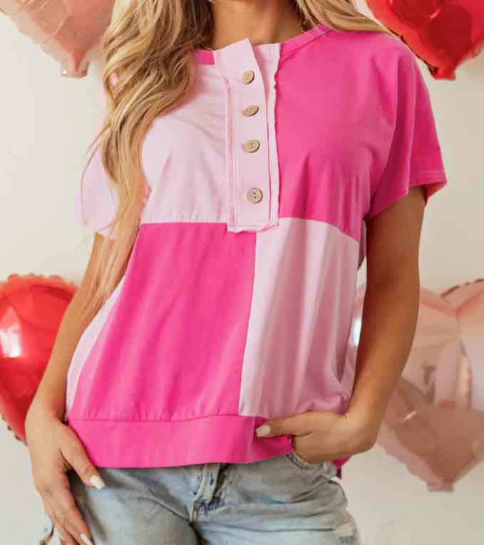Pink Two Tone Half Buttons Collared T ShirtThis T-shirt - (coming soon)