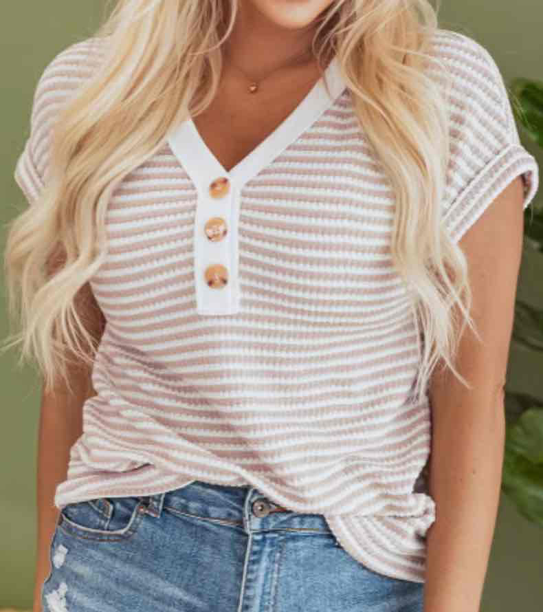 Khaki Stripe Buttoned Front V Neck Knitted T Shirt
