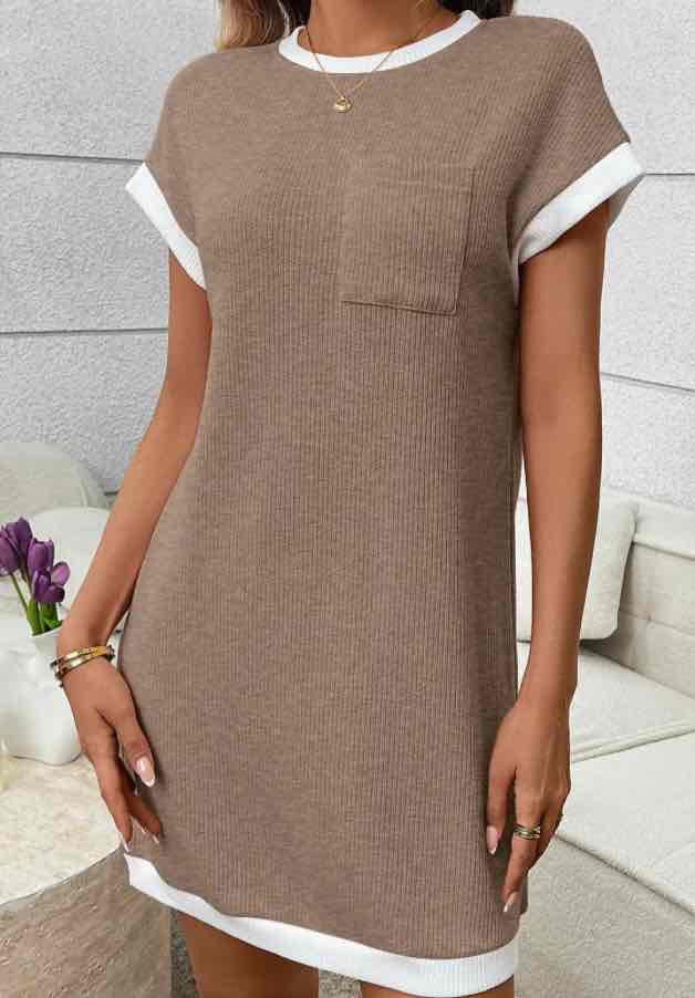 Navy Contrast Trim Pocket T Shirt Dress Casual Shift | Light Coffee - (coming soon)