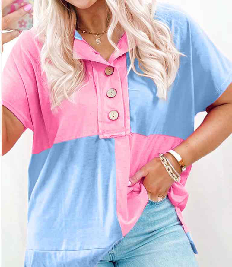 Myosotis Two Tone Half Buttons Collared T Shirt - (coming soon)