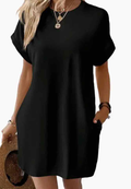 Relaxed Fit Cotton Short Sleeve Pocket Dress for Summer/Black - (coming soon)