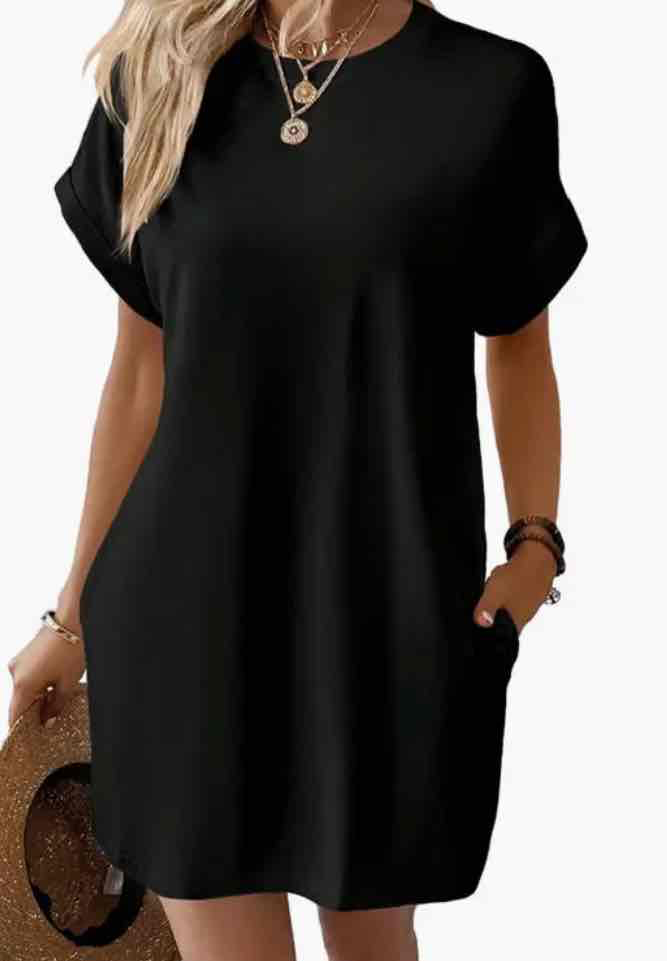 Relaxed Fit Cotton Short Sleeve Pocket Dress for Summer/Black - (coming soon)
