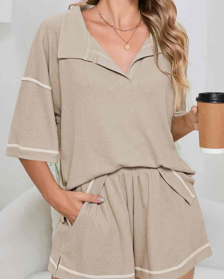 Light Beige- 10 Breathable Waffle Color Block Trim 2pcs Casual Short Set - (coming soon)