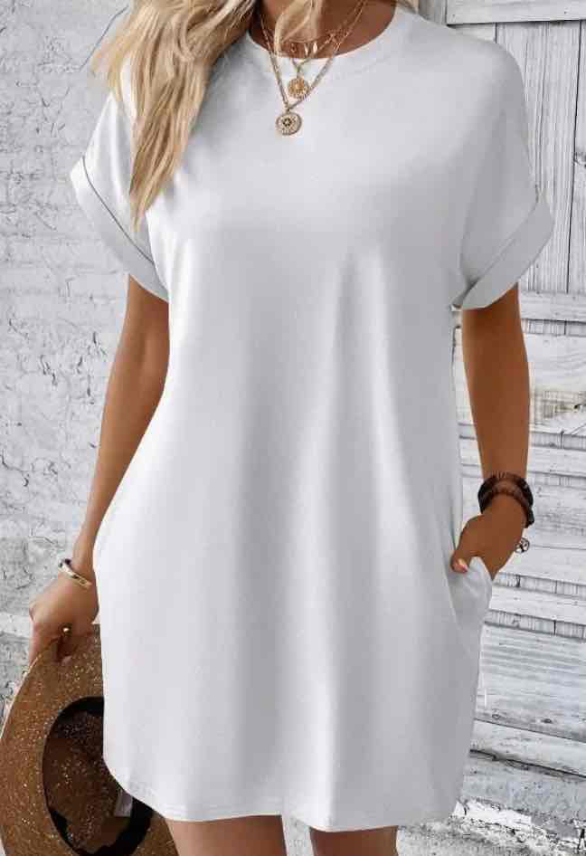 Relaxed Fit Cotton Short Sleeve Pocket Dress for Summer White - (coming soon)