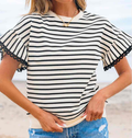 Black Stripe Scallop Lace Trim Ruffle Short Sleeves Crewneck Top - (coming soon)