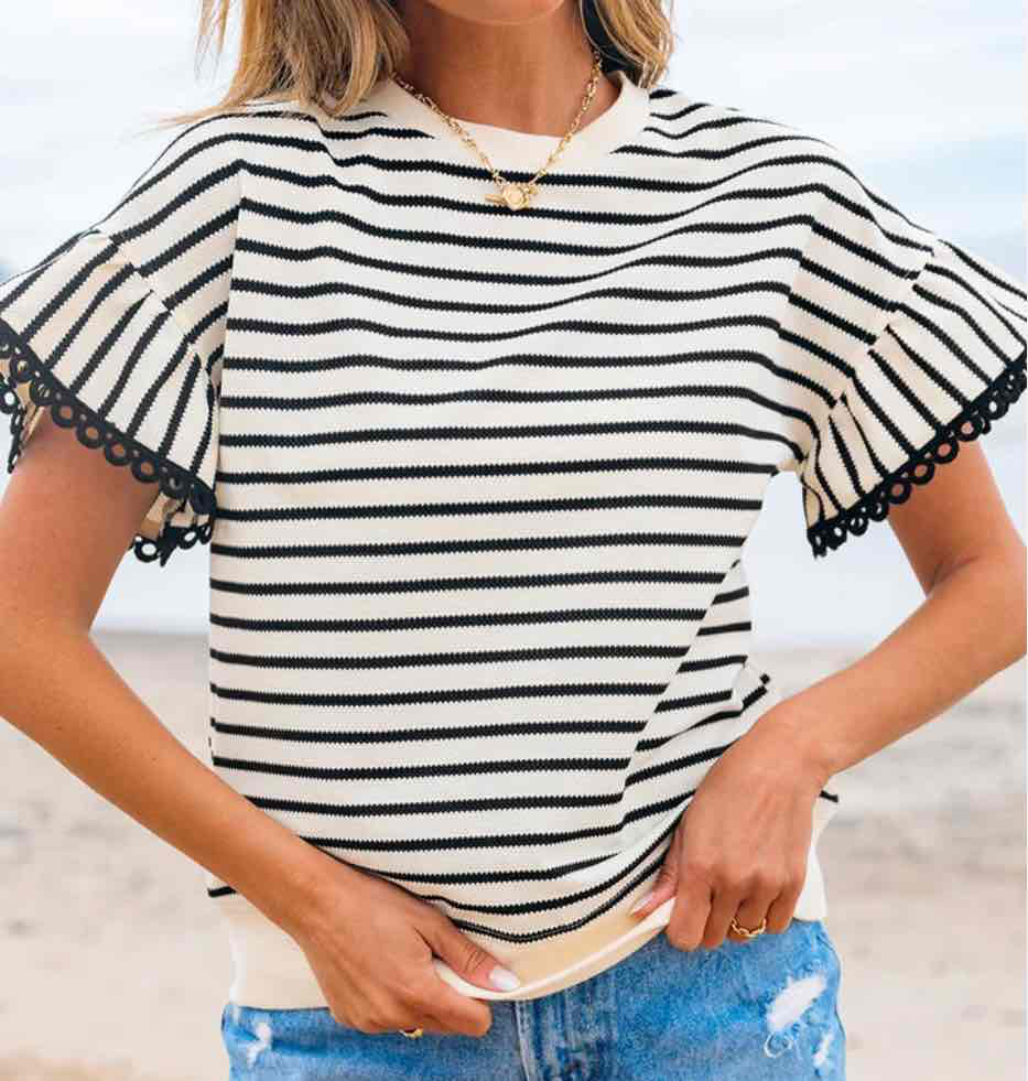Black Stripe Scallop Lace Trim Ruffle Short Sleeves Crewneck Top - (coming soon)