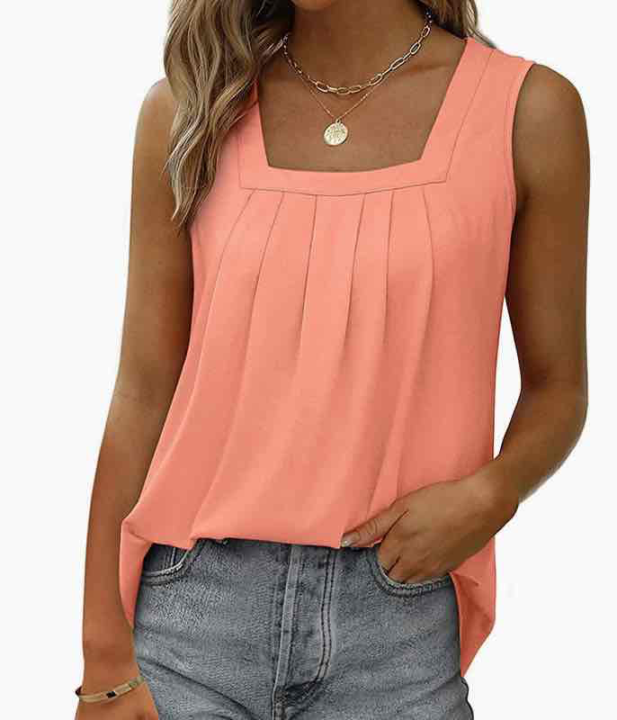 Square Neck Pleated Sleeveless Flowy Tank Top/Orange - (coming soon)