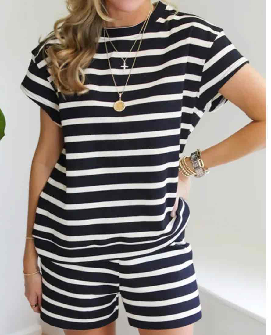 Black White Striped Short Sleeve Top and Shorts Set - (coming soon)
