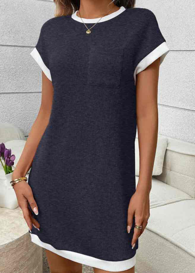 Navy Contrast Trim Pocket T Shirt Dress Casual Shift/Navy Blue - (coming soon)