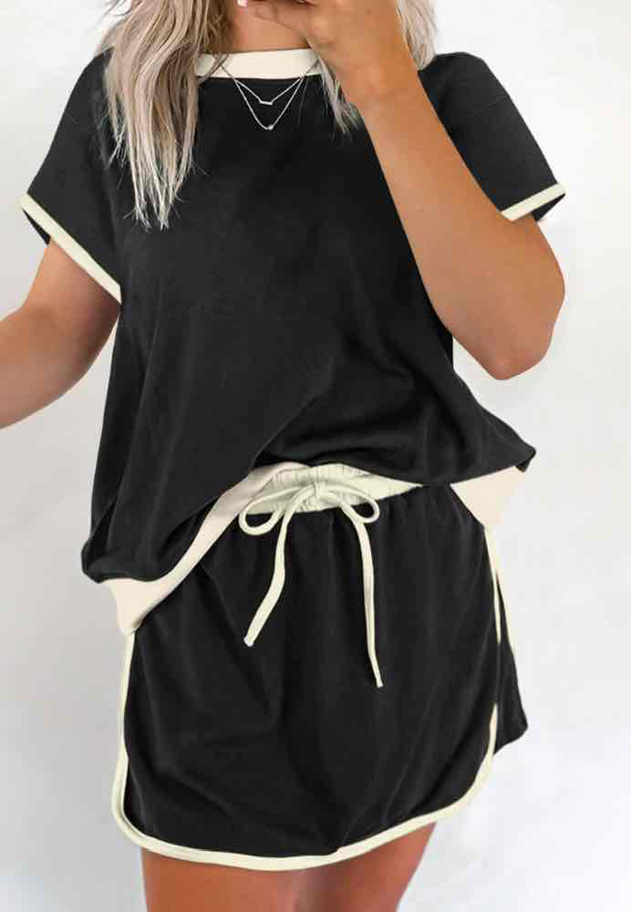 Black Colorblock Edge Drop Shoulder T Shirt and Skort 2pcs Set - (coming soon)