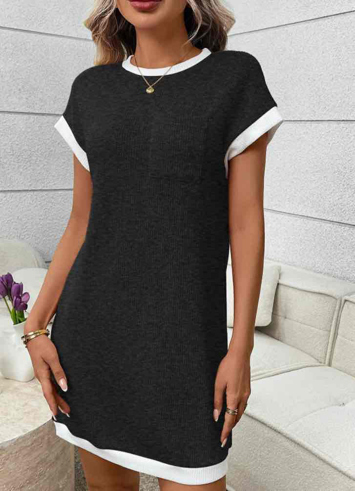 Navy Contrast Trim Pocket T Shirt Dress Casual Shift | Black -(coming soon)