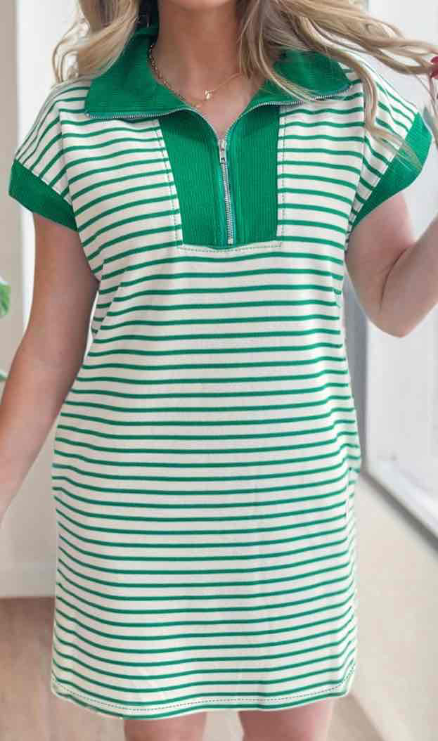Green Stripe Quarter Zip Polo Collar T Shirt Dress with Pockets - (coming soon)