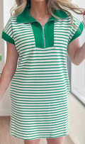 Green Stripe Quarter Zip Polo Collar T Shirt Dress with Pockets - (coming soon)