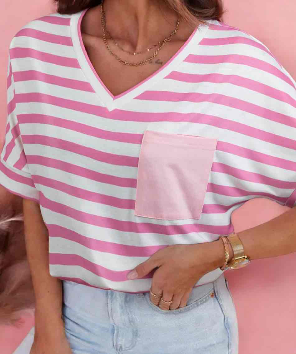 Pink Stripe V Neck Pocket Casual T Shirt - (coming soon)