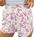 Green Camouflage Print Shirred High Waist Athletic Shorts