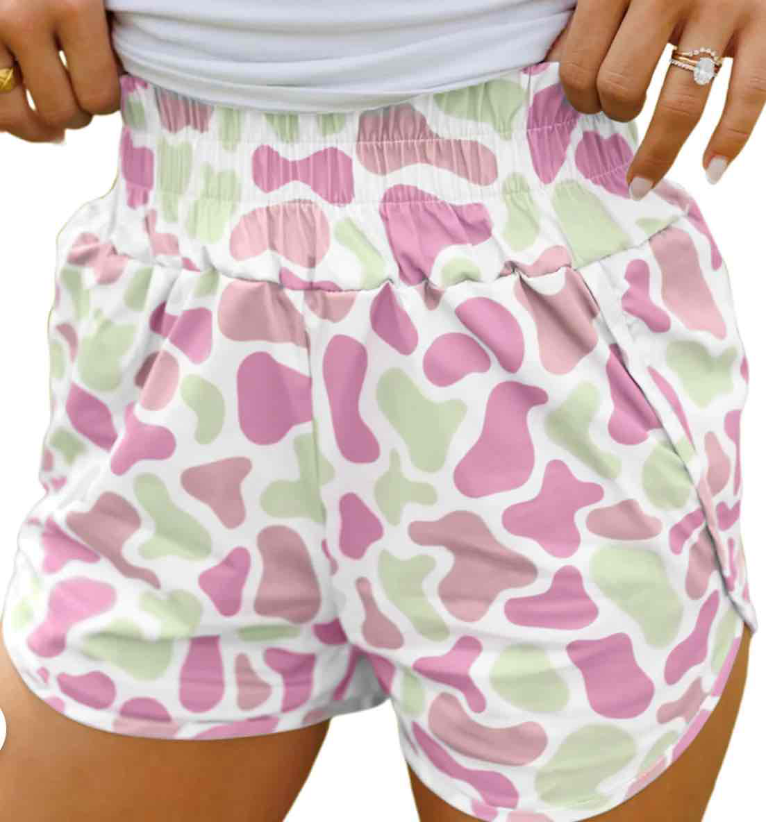 Green Camouflage Print Shirred High Waist Athletic Shorts - (Coming soon)