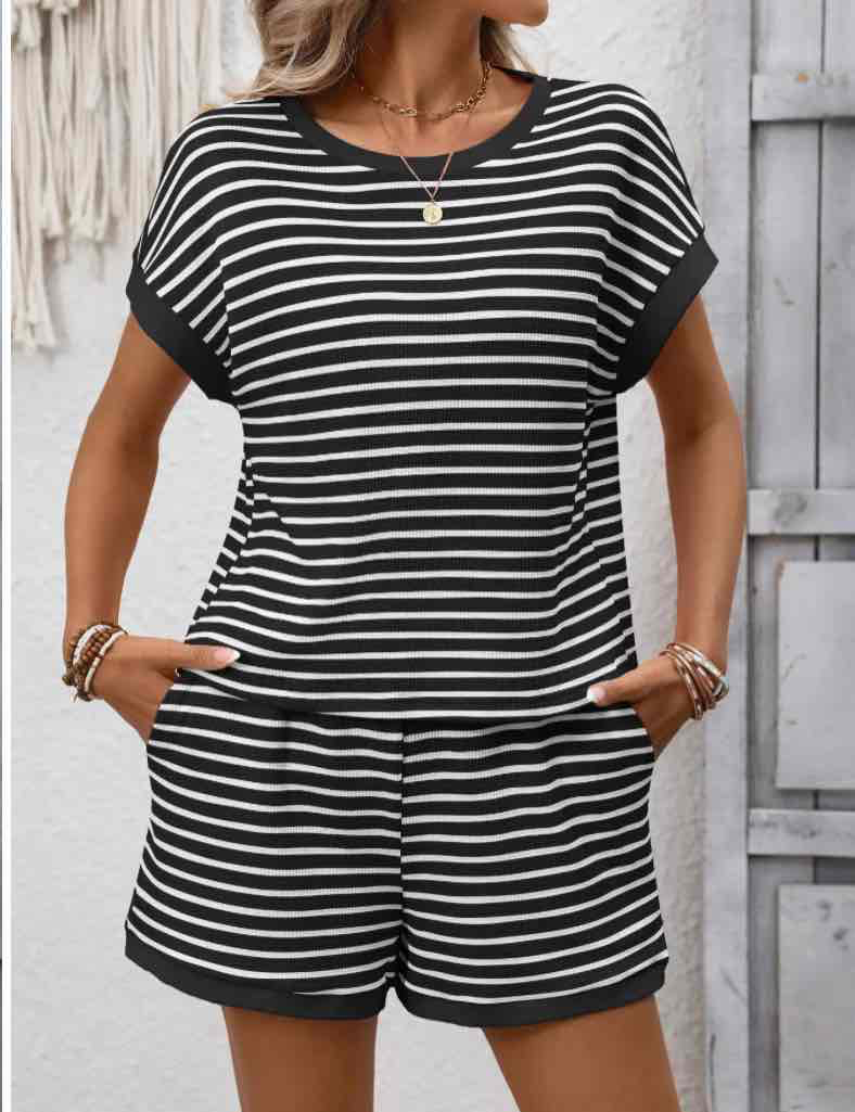 Striped Short Sleeve Top & Shorts Lounge Set