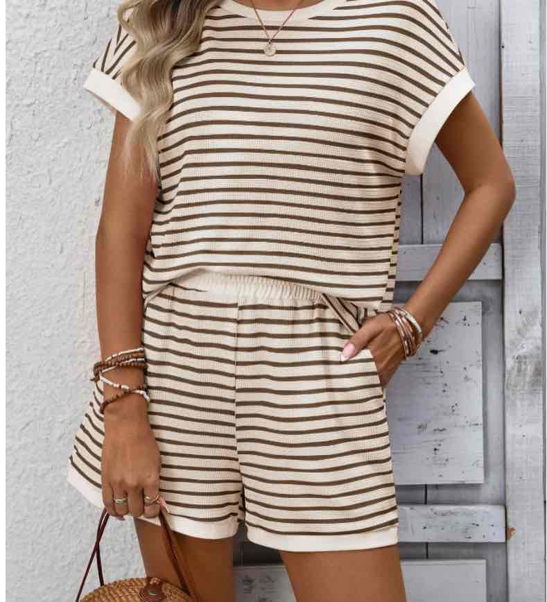 Striped Short Sleeve Top & Shorts Lounge Set