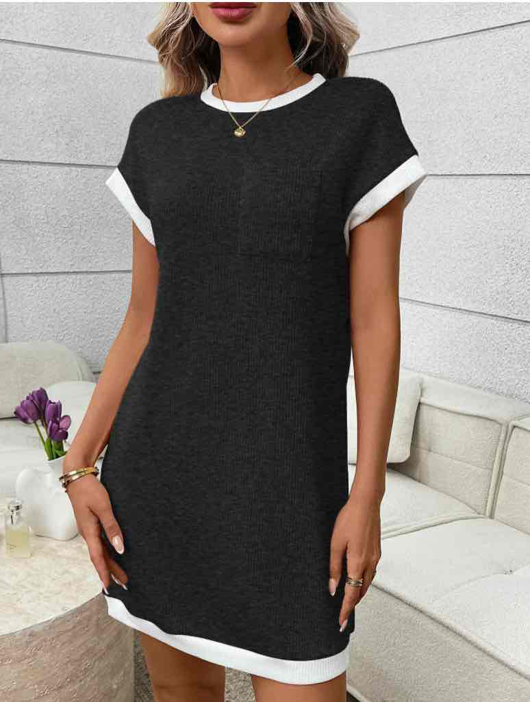Navy Contrast Trim Pocket T Shirt Dress Casual Shift - Black Gray Ribbed Pattern