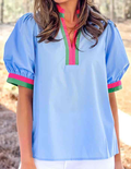 Sky Blue Contrast Striped V Neck Collision Short Puff Sleeve Blouse