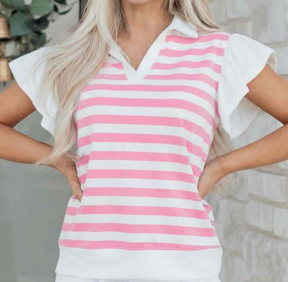 Pink Stripe Collar V Neck Ruffled Short Sleeve Blouse